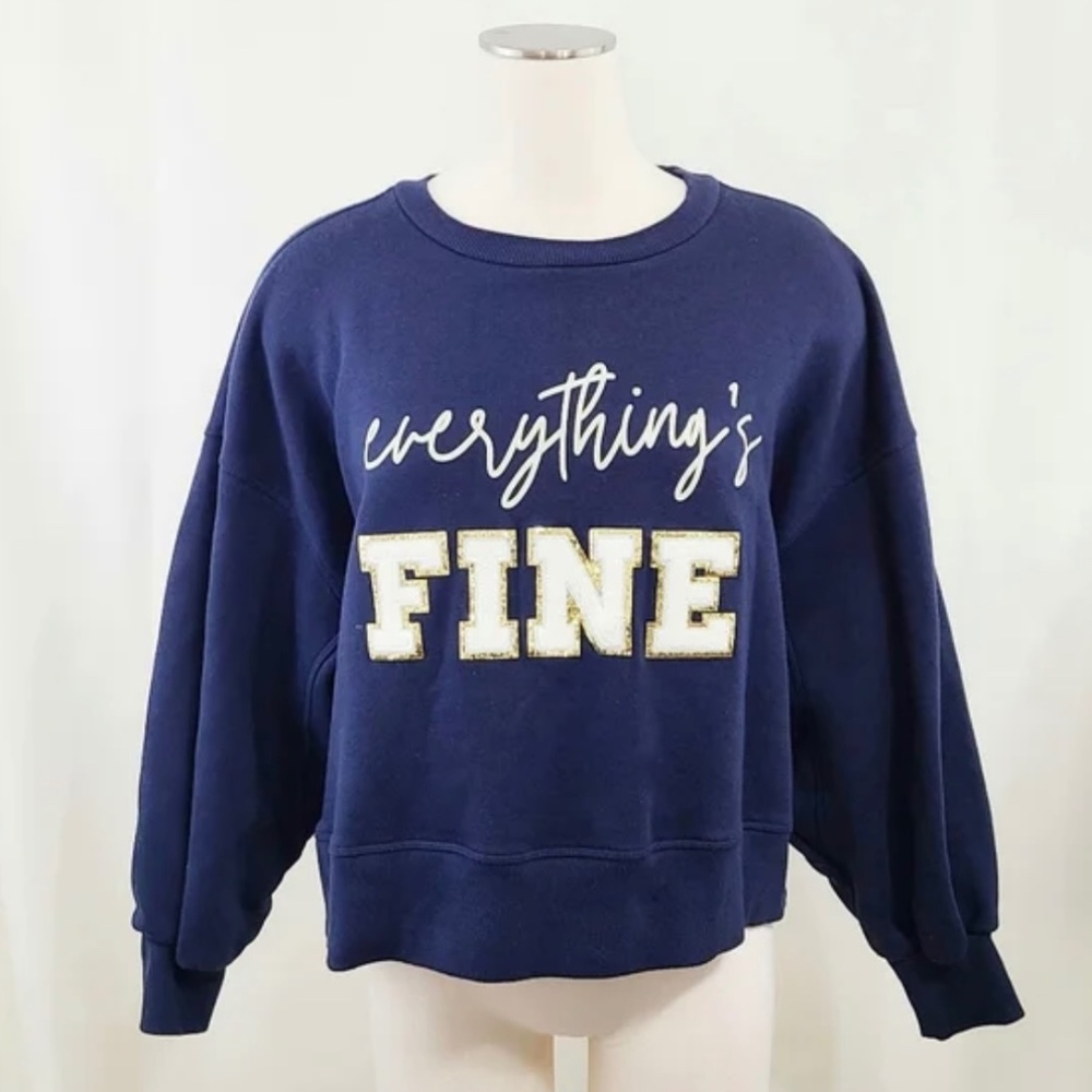 Judith March pullover sweatshirt Everything's Fine varsity navy blue size medium